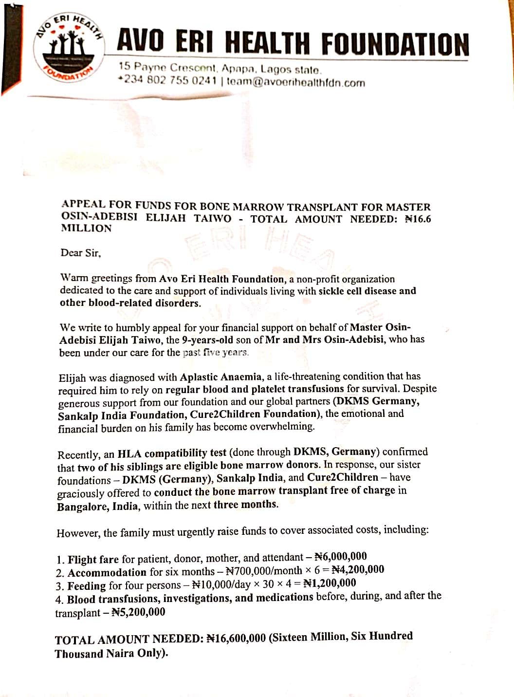 Help Osin-Adebisi Elijah for bone marrow transplant.